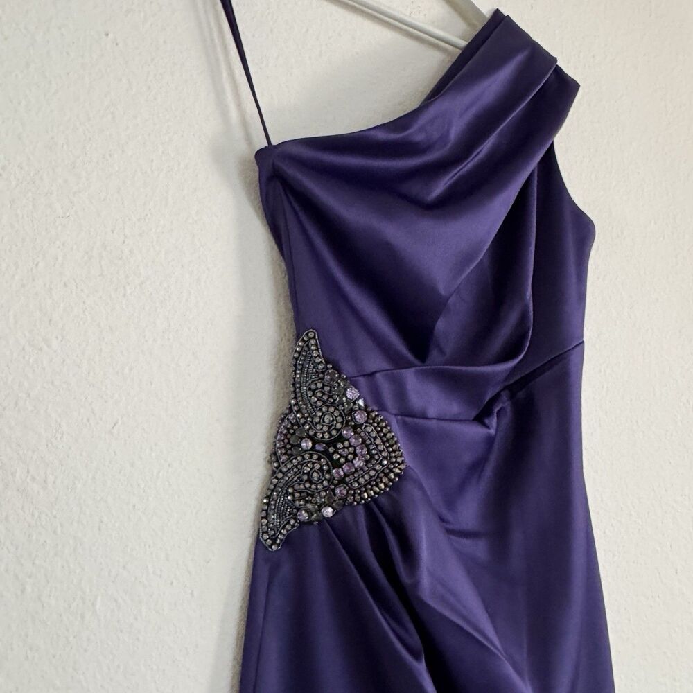 Eliza J Stretch Satin One Shoulder Cocktail Formal Dress Purple Sz 2 Embellish - Picture 9 of 16